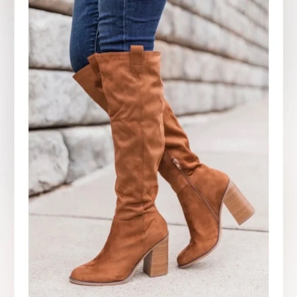 Pink Lily Brown Over the Knee Boots with Chunky Heel